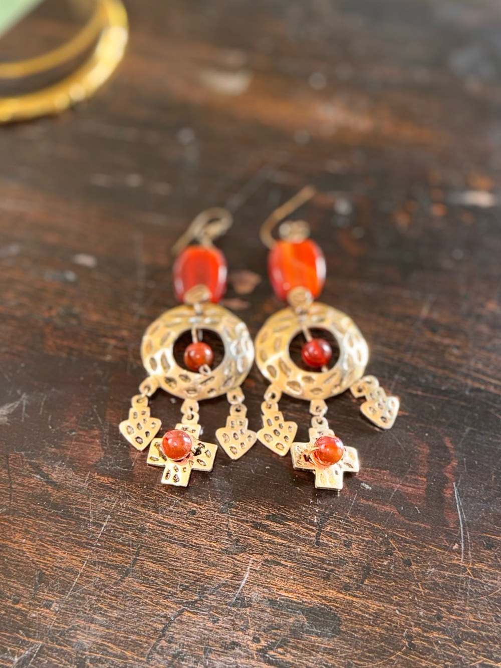 Vintage Gold Tone Chandelier Earrings with Carnelian Beads - Women Jewelry